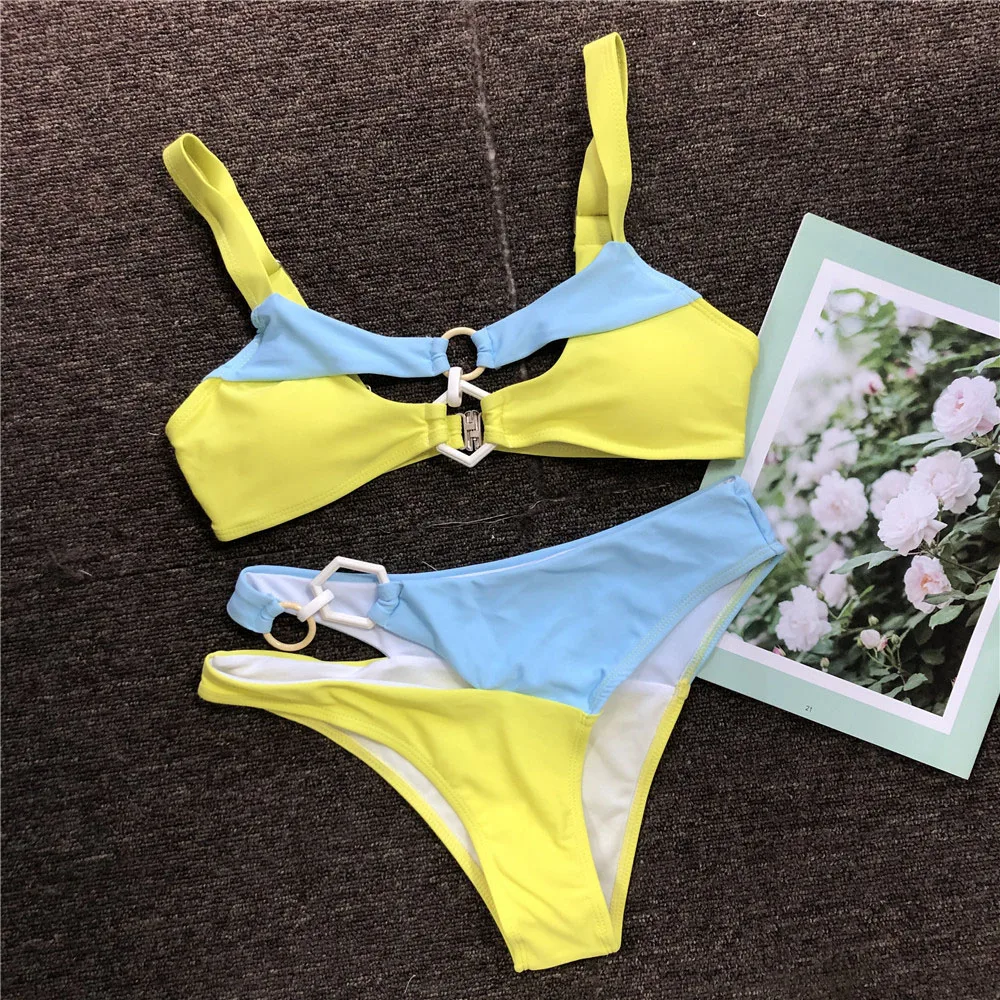 

Sexy 2021 Pink Blue Splicing Bandeau Bikini Women Swimwear Female Swimsuit Hollow Out Bikini set Bather Bathing Suit Swim Lady
