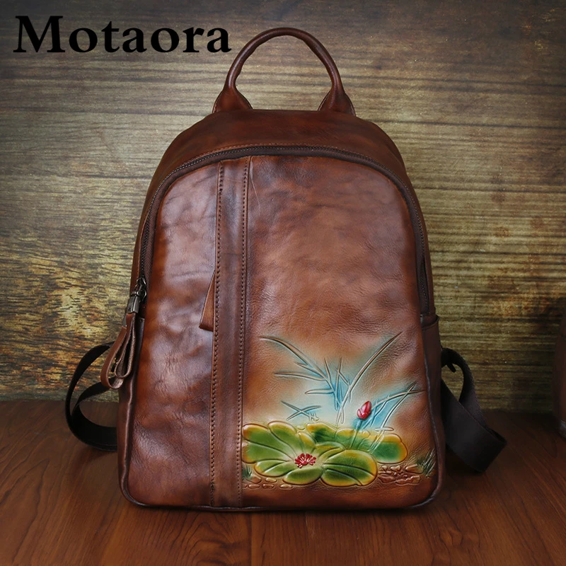 

Motaora женский рюкзак ручной работы с тиснением, винтажная сумка, новинка 2022, ретро рюкзаки из натуральной кожи, женская большая Вместительная...