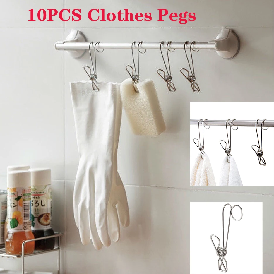 

10Pcs/set Portable Stainless Steel Clothes Pegs Photo Towel Clip Windproof Beach Towel Clip Travel Clothespins Kitchen Bathroom