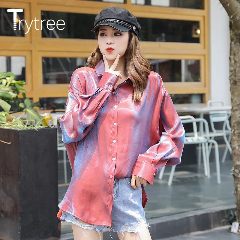 Trytree/Осенняя Женская Повседневная Блузка с отложным воротником однобортный