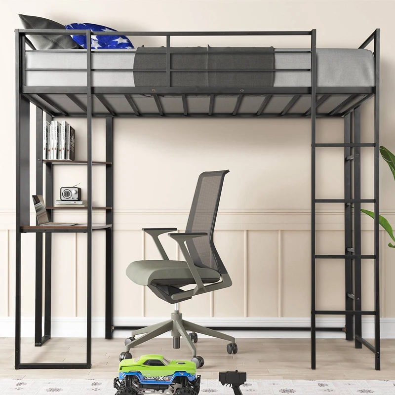 

Twin Metal Loft Bed with 2 Shelves and one Desk ,Black
