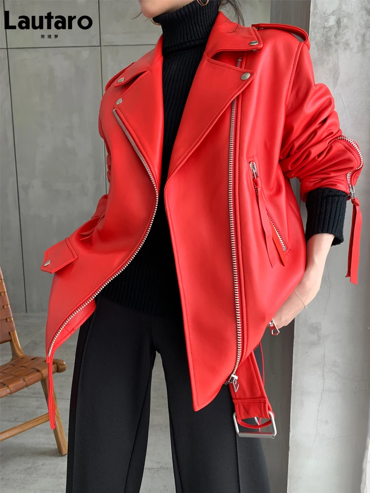 Lautaro осенняя женская кожаная мотоциклетная байкерская куртка на молнии с длинным