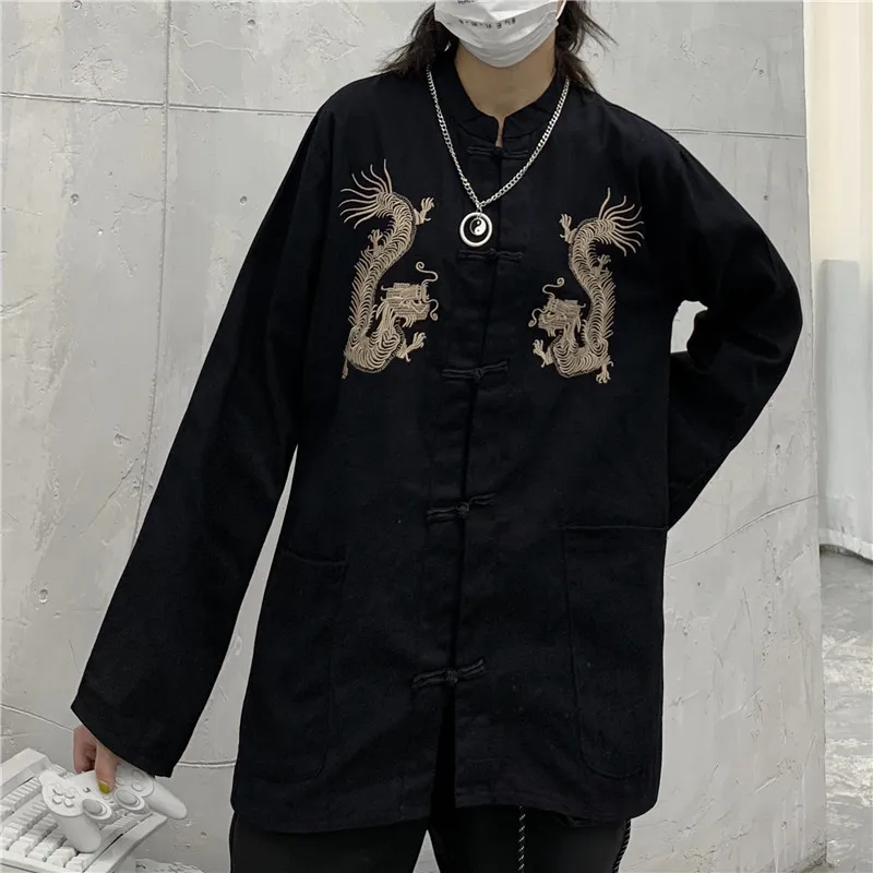 

Vintage Tang Suit Long Sleeve Stand Up Collar Blouses Women's Clothing Embroidery Solid Loose Shirt Spring New 2021 Fashion Tops
