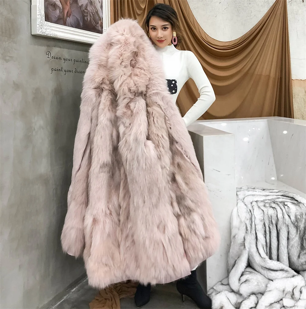 Pink Fox Tcyeek/зимнее пальто из натурального меха, Женская парка из натурального меха кролика Рекс, корейская Толстая теплая куртка, длинная куртка с капюшоном из лисьего меха, PK-9T - Цвет: Pink Fox