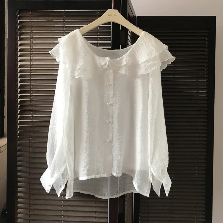 Шикарная мягкая рубашка с гофрированным кукольным воротником свободная длинным