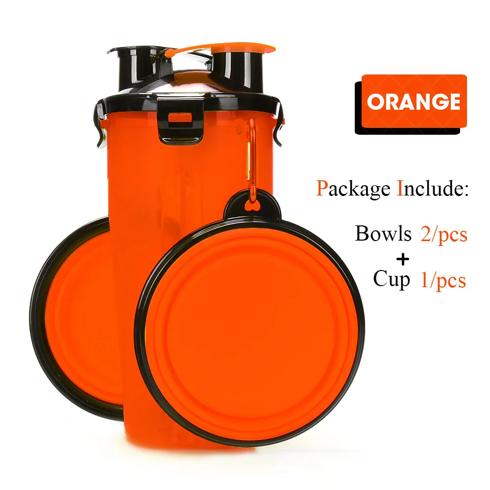 orange wIth 2 bowl Портативная 2 в 1 ПЭТ бутылка для воды контейнер для еды со складной силиконовой миской для домашних животных уличная дорожная кормушка для кошек и собак чашка - Цвет: orange wIth 2 bowl