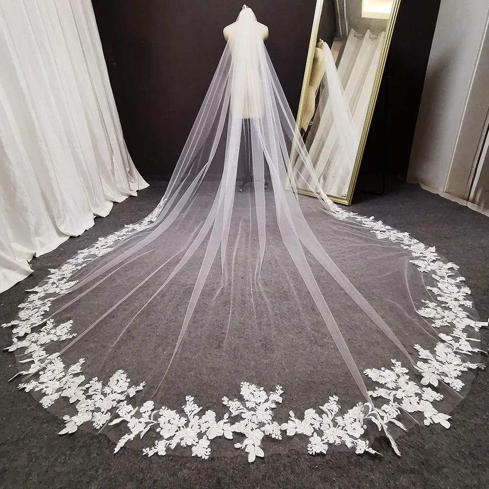 Long Lace Wedding Veil 3 Meters Long White Ivory Cathedral Bridal Veil with Comb Wedding Accessories Bride Headpieces