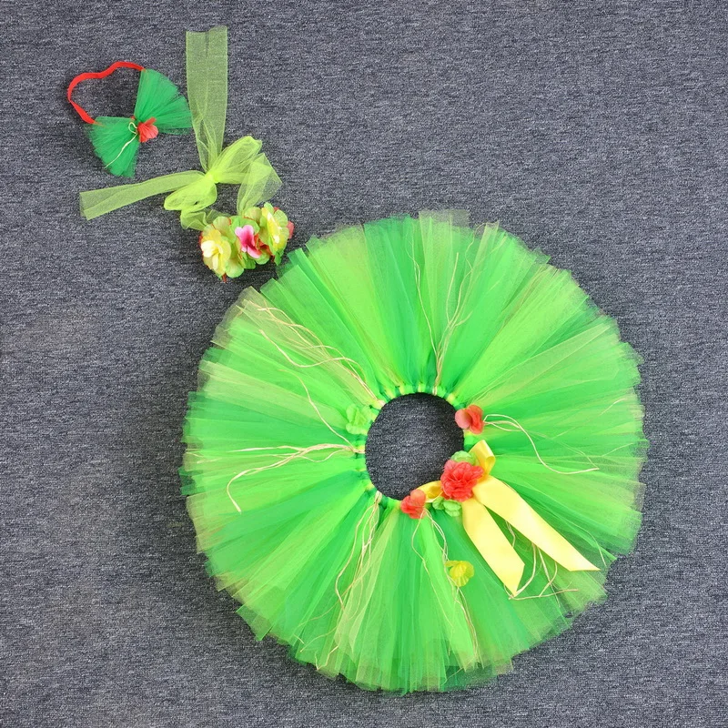 

Infant Hawaii Tropical Dance Leaves Hula Skirts Flower Headband Tutu Dress Toddler Party Grass Skirt Beach Vacation Set