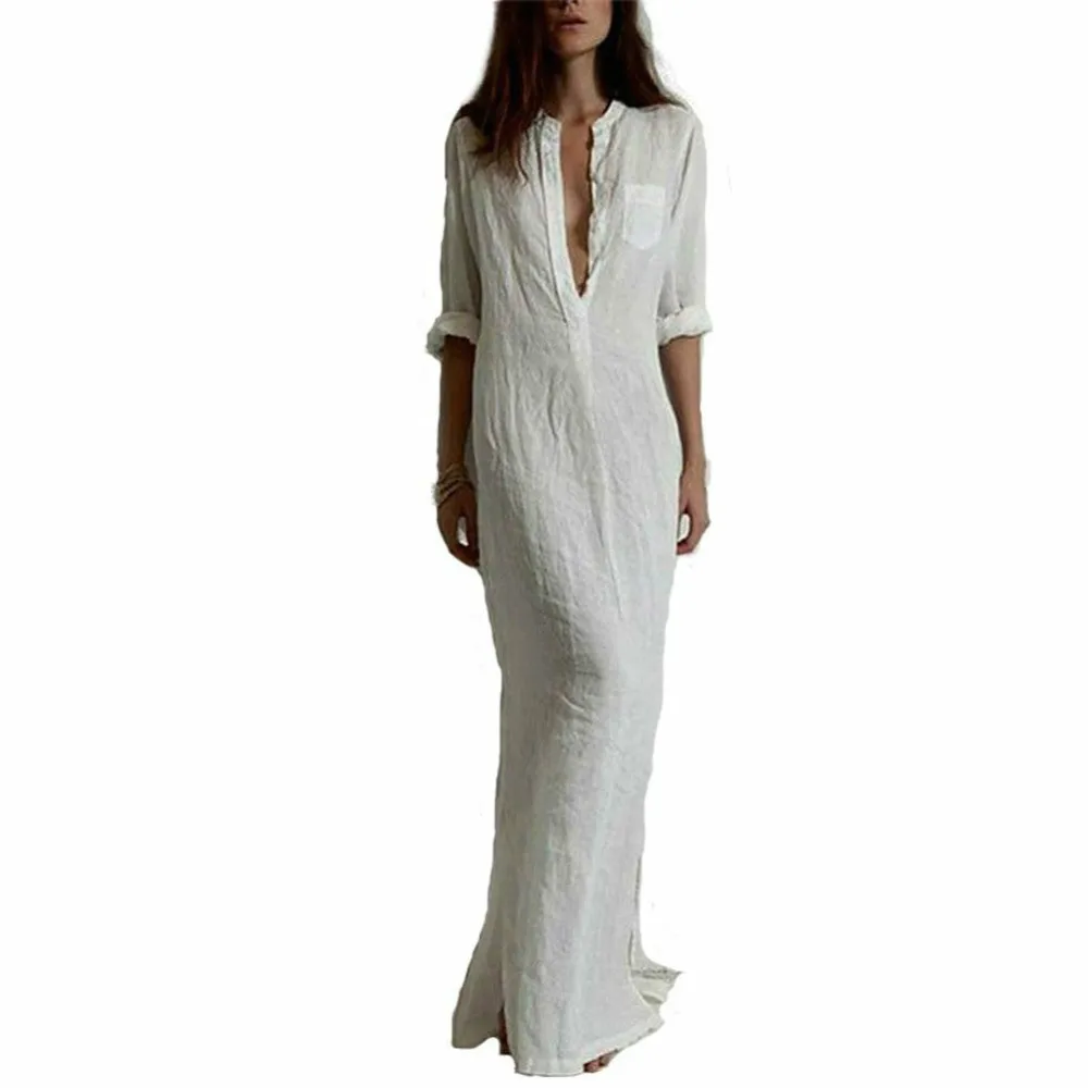 Модное осеннее повседневное длинное платье макси женское пляжное с V-образным