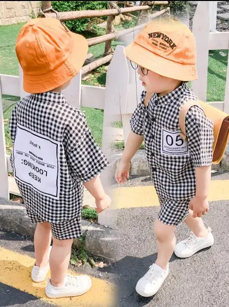 Костюм детский хлопковый рубашка с коротким рукавом в клетку | Детская одежда и