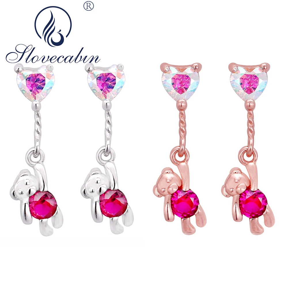 

Slovecabin 925 Sterling Silver Cute Bear Drop Earrings For Women Wedding Hanging Piercing Red Zircon Animal Ohrring New Jewelry