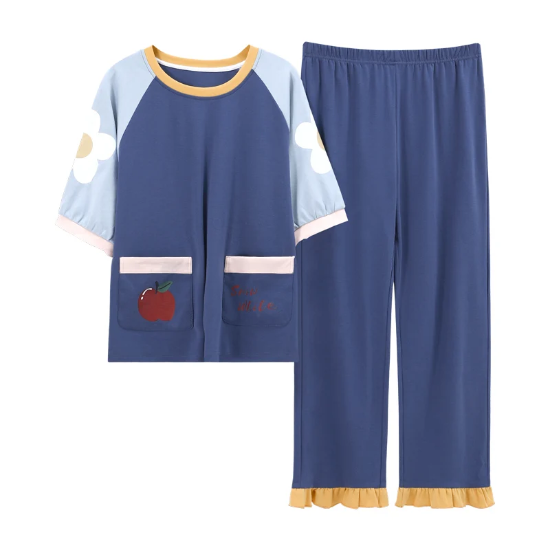 

For Women Cute Floral Print Leisure Girl Homewear Korean Sweet Blue Patchwork Women Sleepwear Summer Cotton Short Sleeve Pajamas