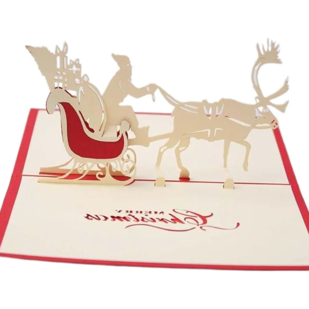 

100pcs Handmade Christmas Cards Creative Kirigami & Origami 3D Pop UP Greeting Card With Santa Ride Desgin Postcards
