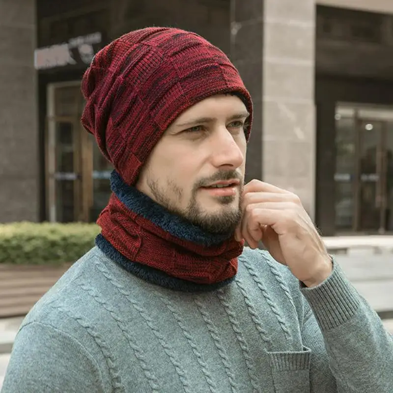 Вязаная шапка зимняя теплая шапка с шарфом головной убор нагрудник костюм шапки плюс бархат Толстая шерстяная шапка модная шапка бини для мужчин