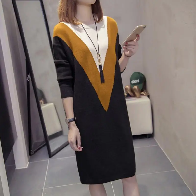 

2020 Winter Autumn Casual O Neck Loose Women Sweater Dress Elegant Patchwork Female Long Knitted Vestidos Straight Sweater G50