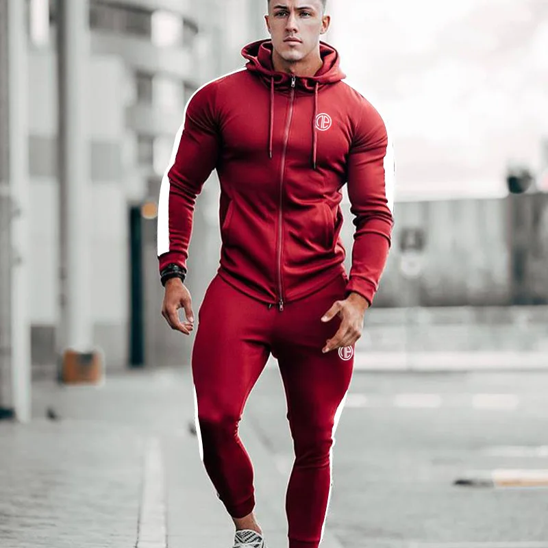 

Spring Men Sport Suit Zip Up Hooded Jacket Sweatshirt+pant Running Jogger Casual Exercise Outfit Workout Set Active Sports Wear