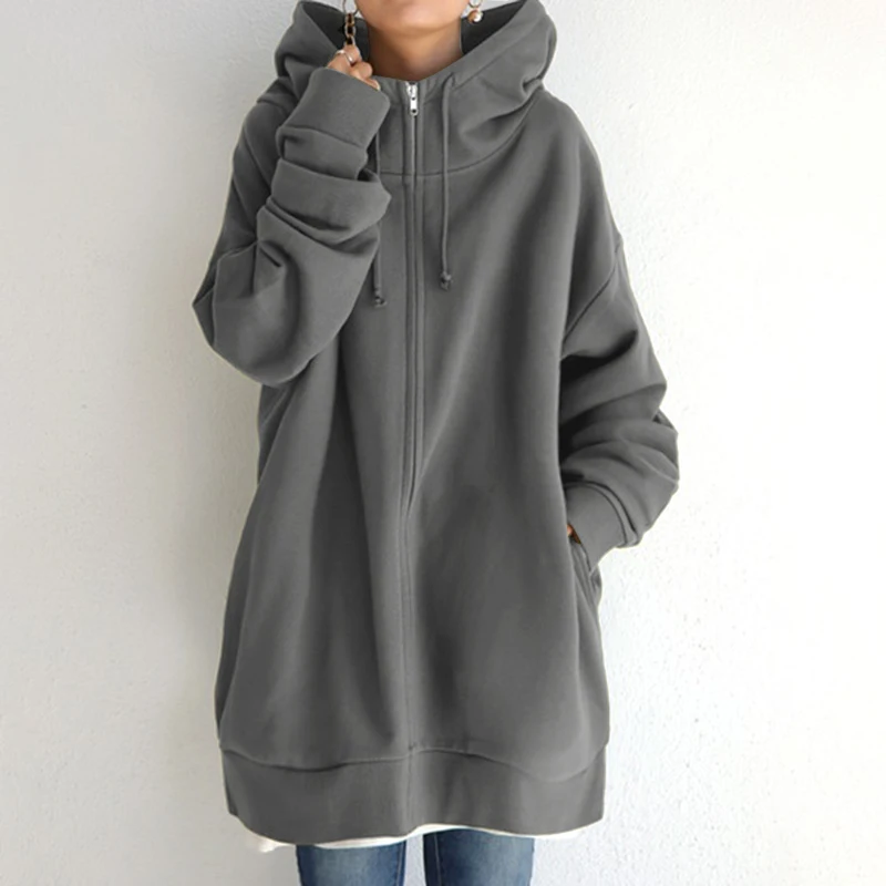 

Winter Warm Oversized women's hoodie Long Sleeve Hooded sweatshirts Zip-up Drawstring Baggy Solid Vintage Coats Casual Jackets