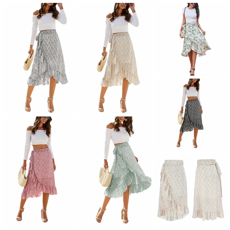 

Womens Summer Ruffles Mid-length Skirt Fashion Floral Bandage Irregular Split Stitching A-line Skirt