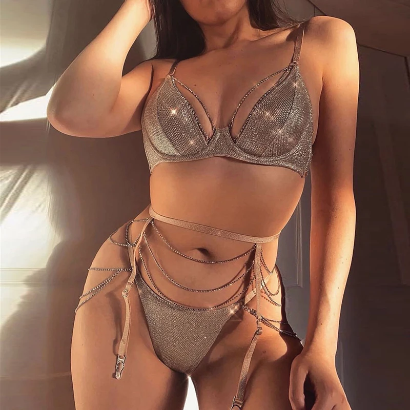 Серебряный комплект бикини со стразами бюстгальтер с низким вырезом укороченный