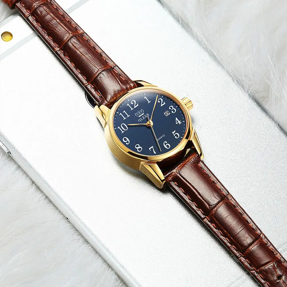 OLEVS Couple Quartz Watch Waterproof Fashion Watches Casual Luxury Dress Genuine Brown Leather  Wristwatch Lover Watch Gifts Set