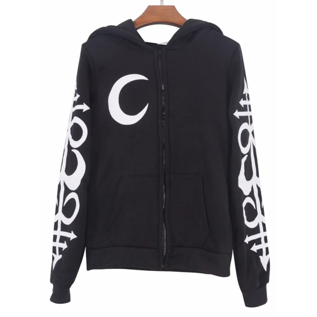 Женская куртка с капюшоном черная Свободная на молнии длинным рукавом и принтом