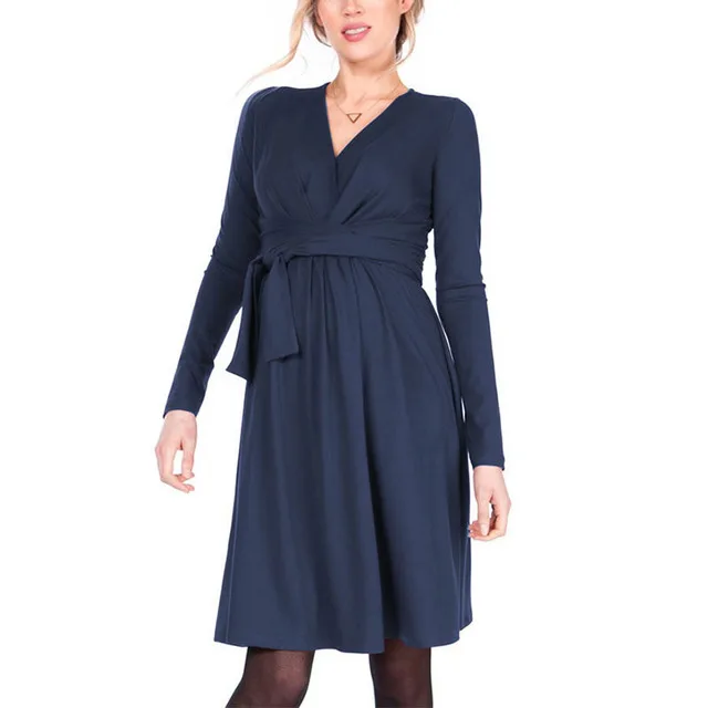 Hot Sale Autumn Creative Maternity Dress Breastfeeding Dress Fashion Long Sleeve Long Sashes Cross V-neck Nursing Dress