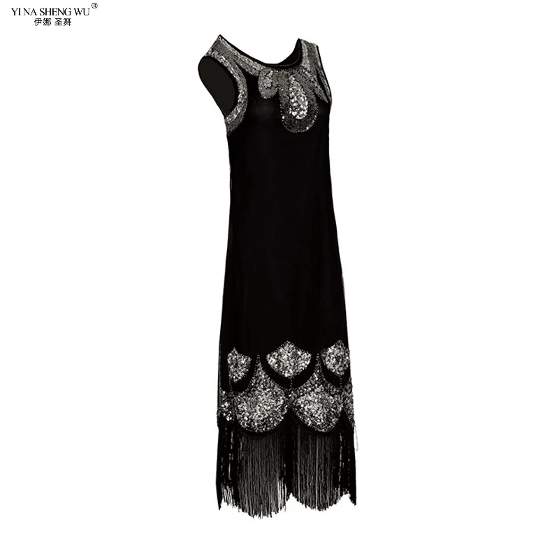Винтажное платье миди Vestido, женское платье 1920 s, блестки, бисер, платье с кисточками, вечерние платья с оборками, черное платье для латинских танцев