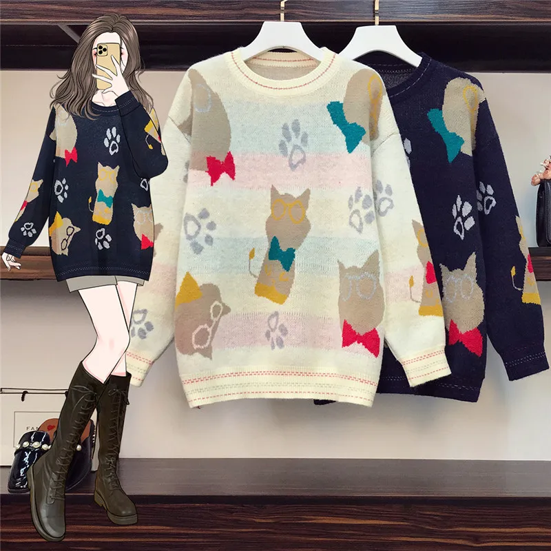 

Японский свитер Kawaii мультфильм узор осень зима Харадзюку Новинка теплые женские свободные универсальные трикотажные пуловеры верхняя оде...