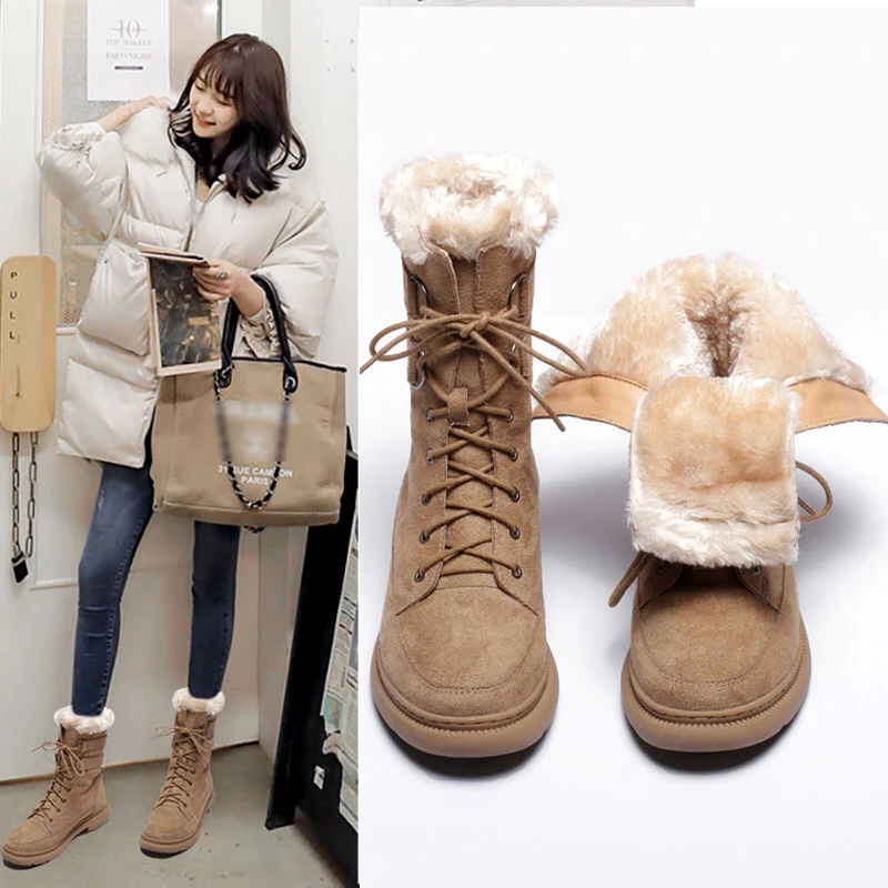 

New 2022 Women Snow Boots Non-slip Short Boots Thick Fur Platform Mid Calf Winter Warm Shoes British Style Black Beige