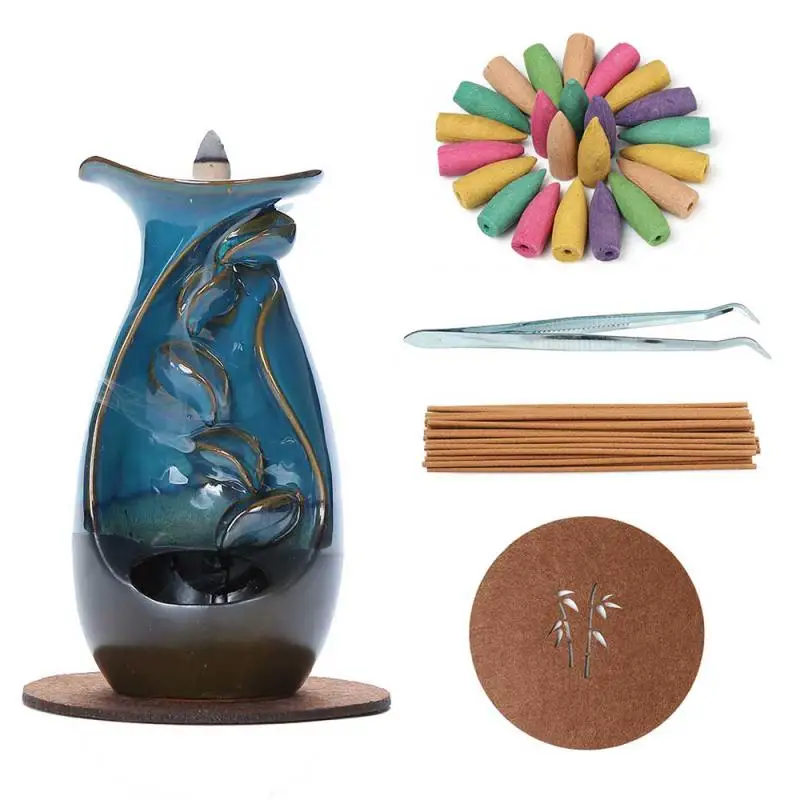 

Backflow Incense Burner With 120 Pcs Cones Smoke Waterfall Ceramic Censer Mountain River Handicraft Incense Holder Home Decor