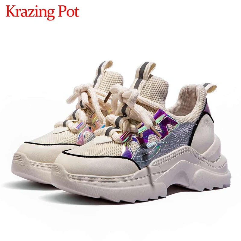 Бежевый Krazing pot/модные белые кроссовки из натуральной кожи с круглым носком и толстой подошвой на шнуровке; Разноцветные брендовые вулканизированные туфли; L06 - Цвет: Бежевый