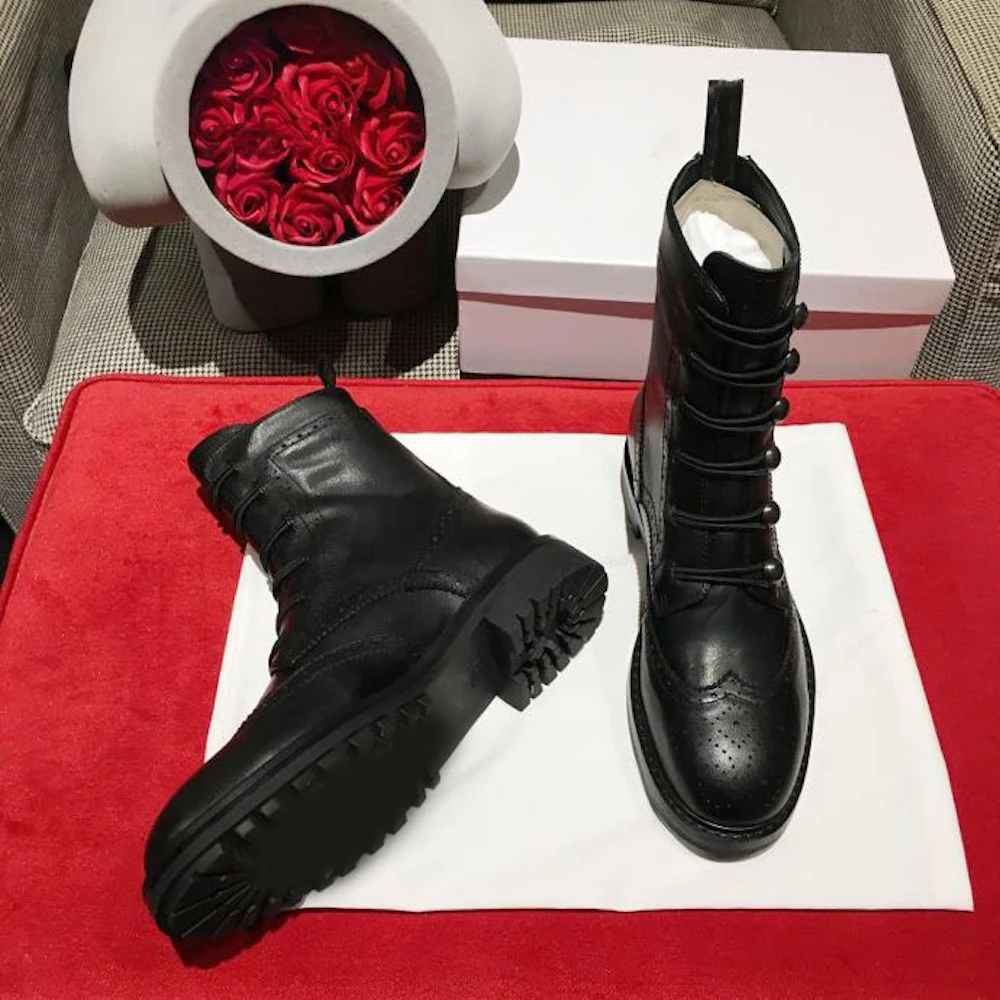 

Ollymurs Women's Boots Genuine Leather Ankle Boots Fashion Short Boots Autumn Lace-Up Boots Low Heels Ladies Motorcycle Boots