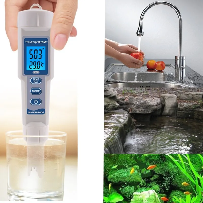 

Digital PH Meter TDS EC Temp PH Tester 4 in1 TDS EC Meters Thermometer Water Quantity Measure Device Acidity Test Pen 30% Off