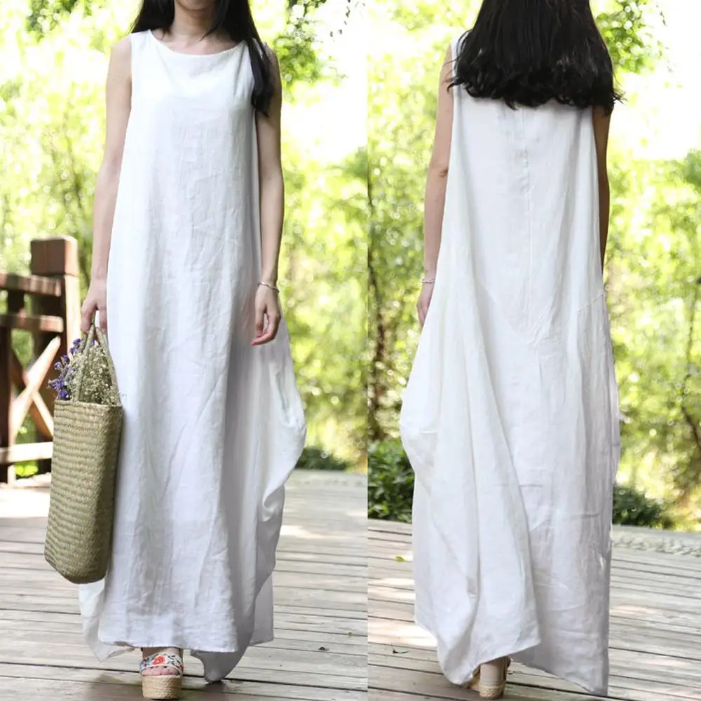 Платье женское длинное из хлопка и льна без рукавов с круглым вырезом|Женские