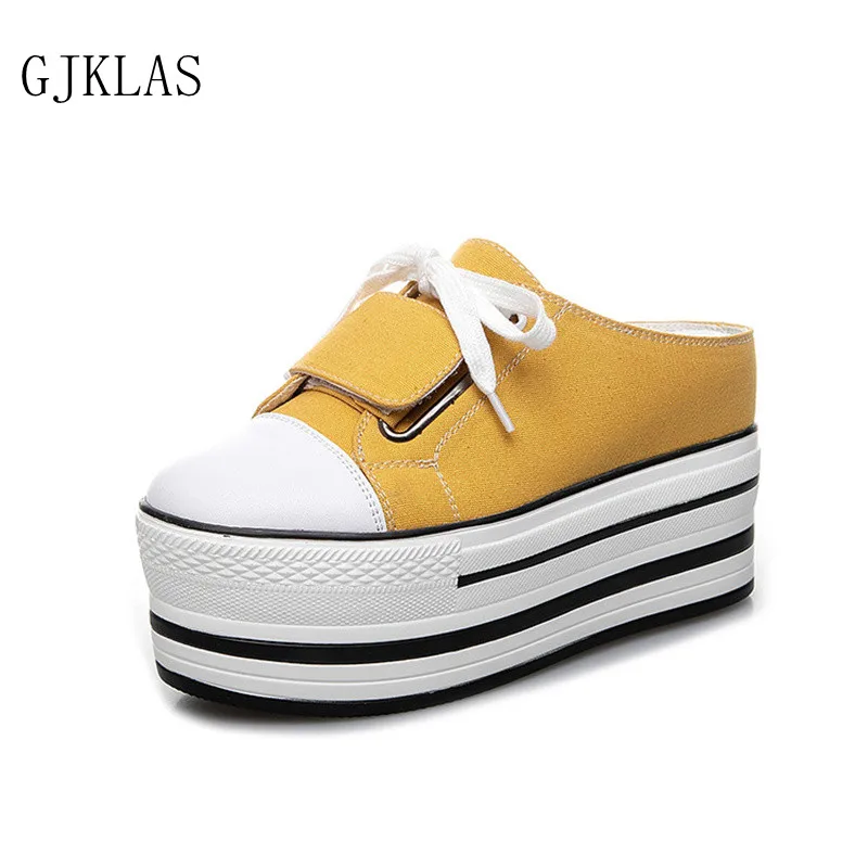

Wedge Platform Sneakers Canvas Shoes Fashion Yellow Black Woman Slippers Vulcanize Shoes Comfy Platforms Wedges Shoes for Women