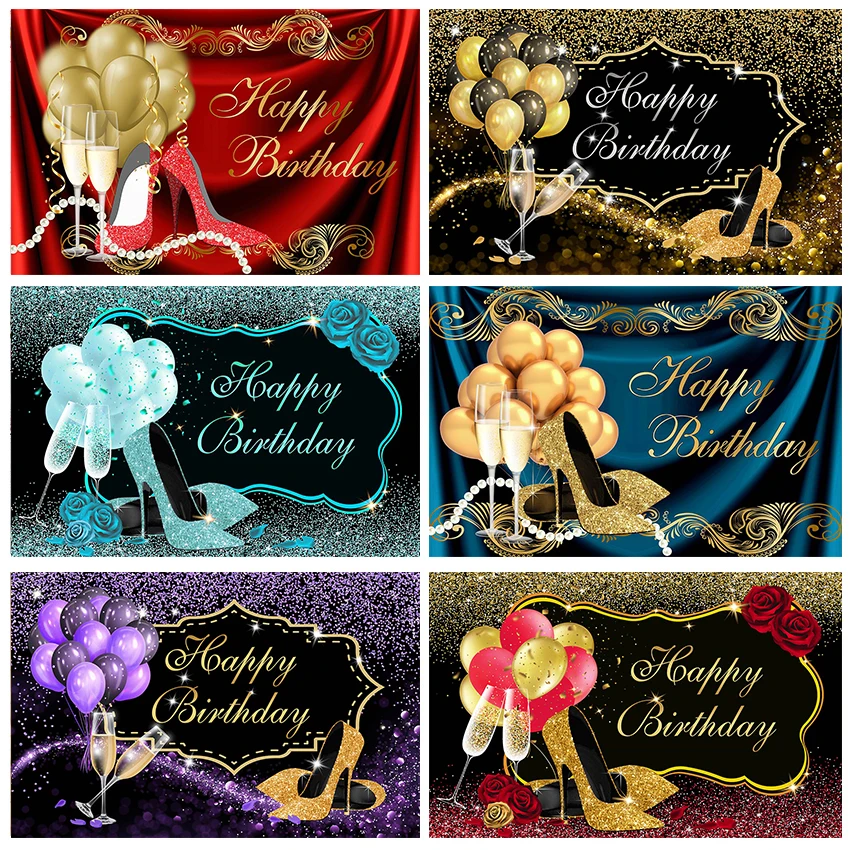 

Black Bokeh Adult Happy Birthday Backdrop Pink Balloons Women Birthday Party Background Decor Glitter Sliver High Heels Dots