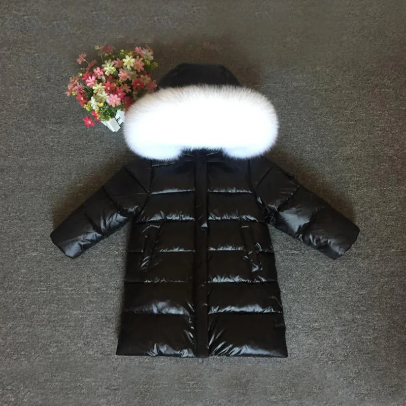 White Fox Black Пальто с меховым капюшоном для девочек, Россия-30 зимняя теплая пуховая куртка детское длинное пальто для маленьких мальчиков ветрозащитная детская одежда Зимний комбинезон - Цвет: White Fox Black