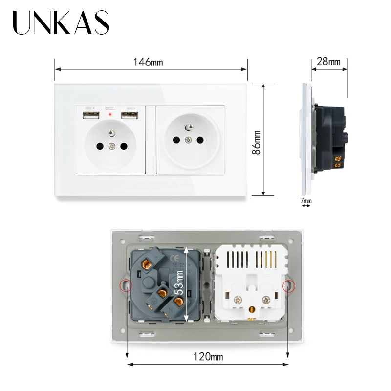 Французская стандартная 2 розетка UNKAS с USB-портами для зарядки настенные розетки