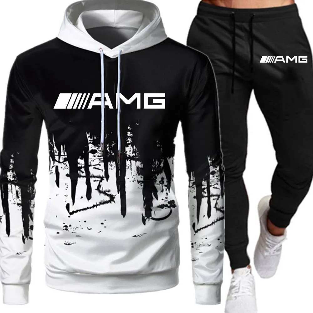 

Men's Autumn Clothing Winter Splash Ink Hoodies + Black Pants 2 Piece Set 2022 Running Tracksuit Man AWG Print Outdoor Sport Kit