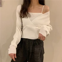 korea temperament solid slim autumn short v neck white knitted tops bottom fake two pieces pullovers sweaters lady fashion chic