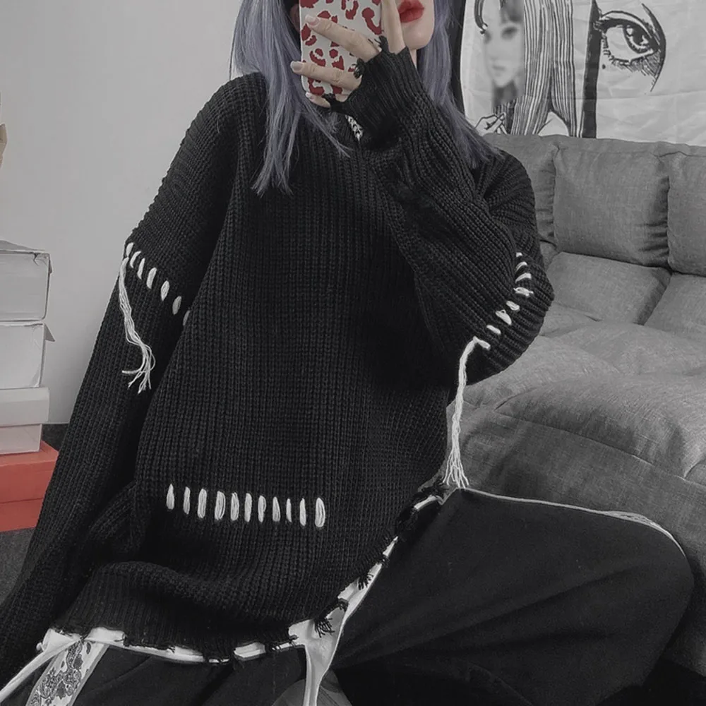Готический Diablo свитер Мода осень-зима свободные Ленивый Отверстие с длинными
