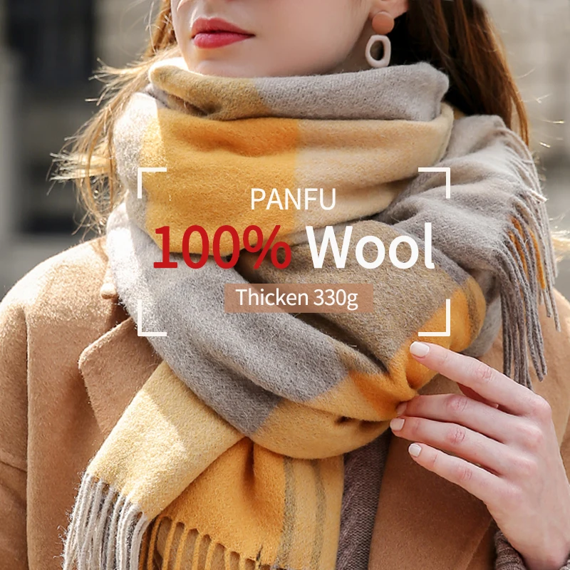 Bufanda de lana a cuadros para mujer, chales de Cachemira para el cuello, Pashmina, invierno, 100%