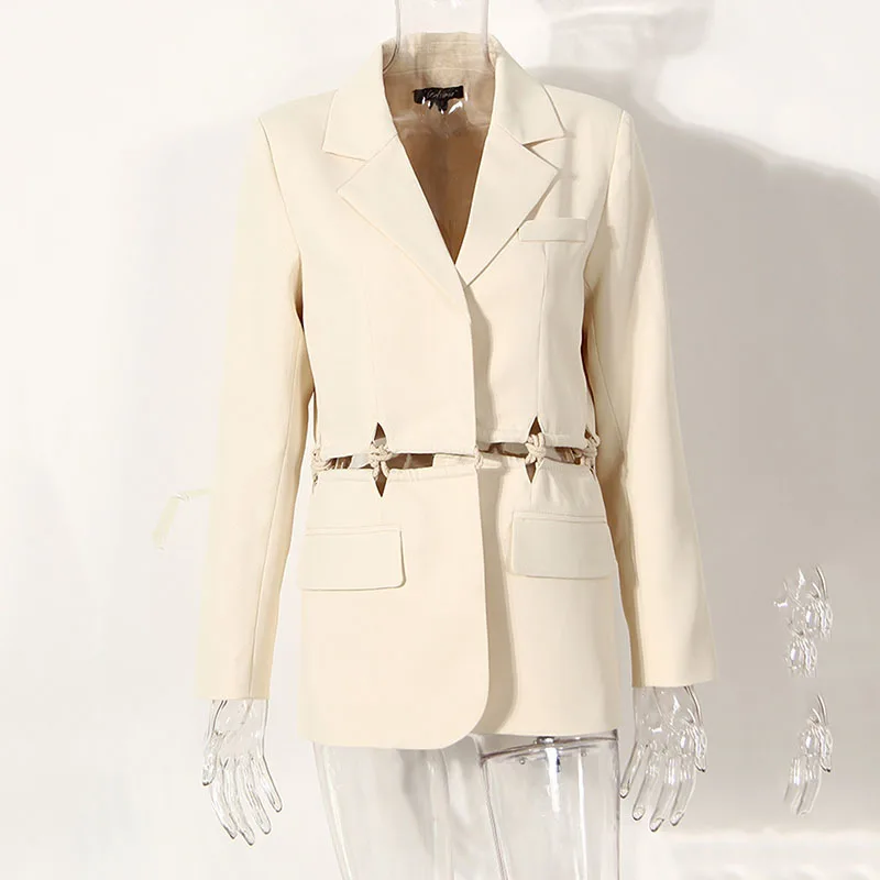 

SeeBeautiful Hollow Out Stitch Loose Blazer Coat Notched Long Sleeve Pockets Hidden Breasted Women Spring 2022 New Fashion G200