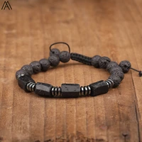 natural black tourmaline chip beads 8mm black lava stone beads cord knotted handmade adjustable bracelet for women n0379amg