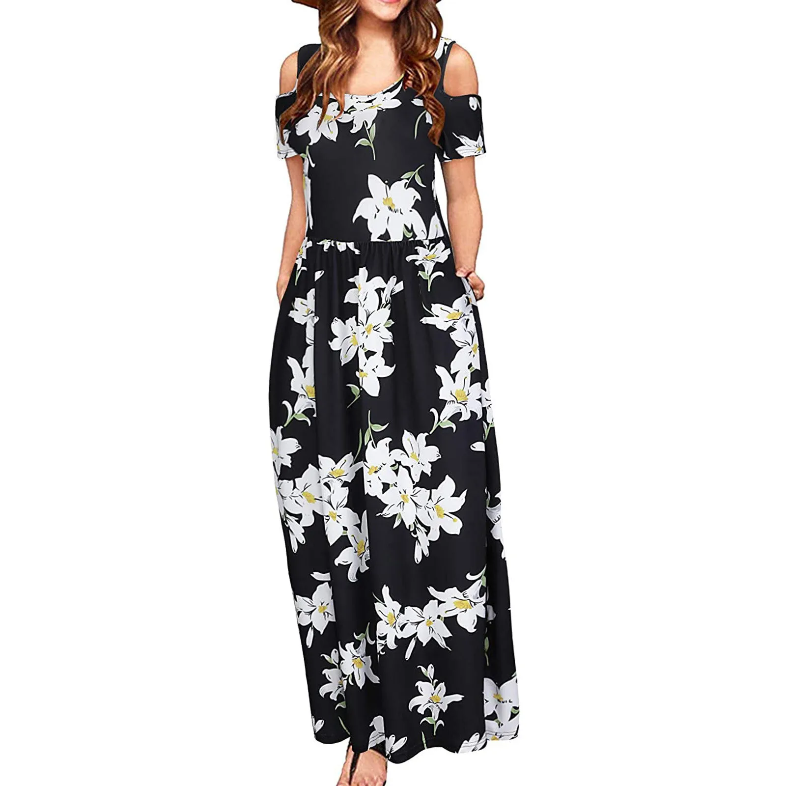 

Women Summer Beach Dresses Ladies Cold Shoulder Pocket Print Elegant Plus Size Short Sleeve Female Casual long Dress штаны