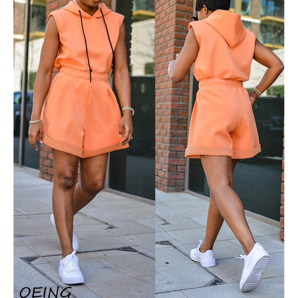 

2021 Womens Exericse Jogging Suits Orange Tank Hoodie Shirts and Shirts Biker Two Piece Tracksuits