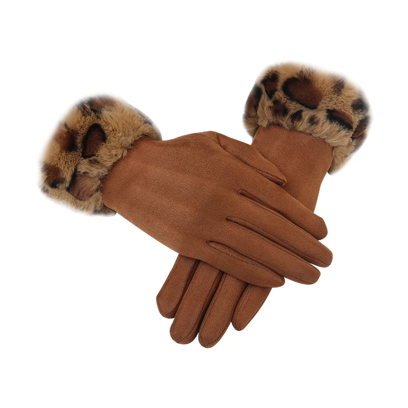 2019 Winter Gloves Women Leopard Rabbit hair suede leather Mittens Warm Soft Female Touch Screen | Аксессуары для одежды