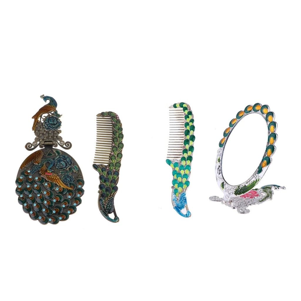 

Antique Foldable Women Metal Cosmetic Mirror Vanity Set With Comb
