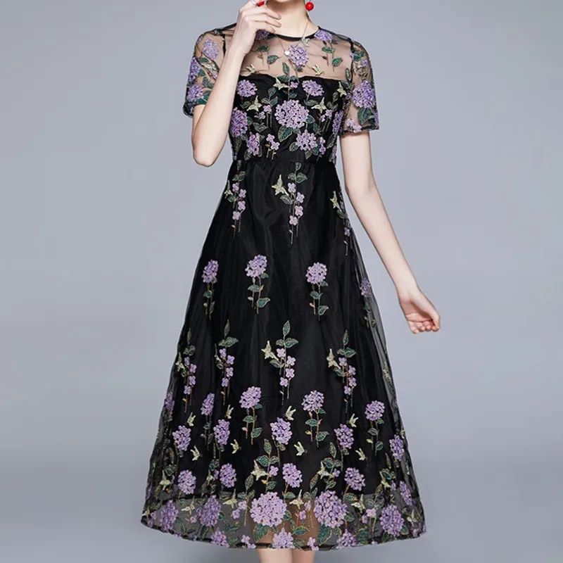 

Женское кружевное платье с цветочной вышивкой, летнее платье с круглым вырезом и коротким рукавом