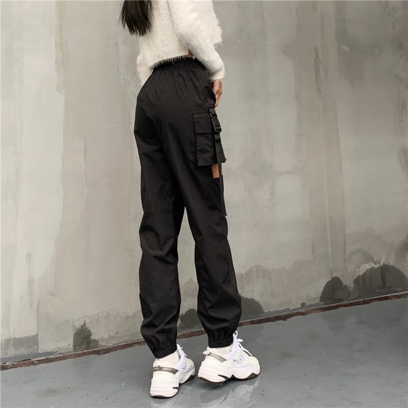 

Spring Streetwear Style Hollow Out Punk Overalls Belt High Waist Zipper Casual Pants